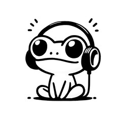 Cute Frog illustration black and white line simple, characters, animal, cartoon, headphone, listen to music