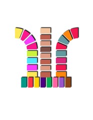 blocks spell out of focus: A colorful image of three different colored blocks with a rainbow pattern