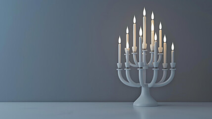 A beautiful lit menorah with white candles on a white table against a blue background.