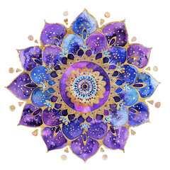 A purple mandala flower with gold accents. The flower is a symbol of love and peace