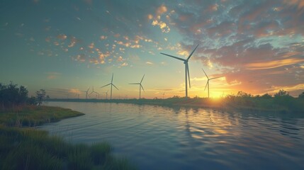 Landscape Windmills over river. Wind turbines for power generation before sunset