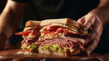 Hearty Deli Sandwich in Hands - Close-up View.