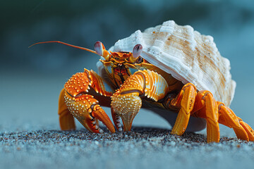 A hermit crab exchanging its shell for a larger one, a critical moment observed by other potential shell seekers, - obrazy, fototapety, plakaty