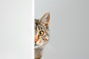 Tabby cat peeking from a corner