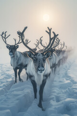 A herd of reindeer moving across a snow-blanketed field, antlers silhouetted against the low winter sun,