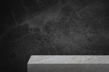 edge of grey slate stone counter with blank space for product montage display with black marble stone at background. border of stone table for decoration in modern style. front view of table.