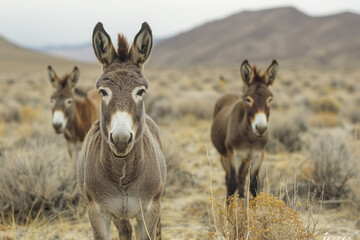 Naklejka na ściany i meble A group of wild donkeys foraging for sparse vegetation, survivors in harsh conditions,