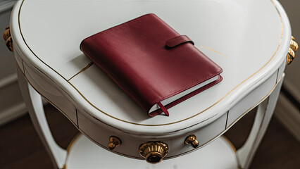 Burgundy notebook with gold fittings, gold pens, a cup of coffee and a vase of flowers on a white table.