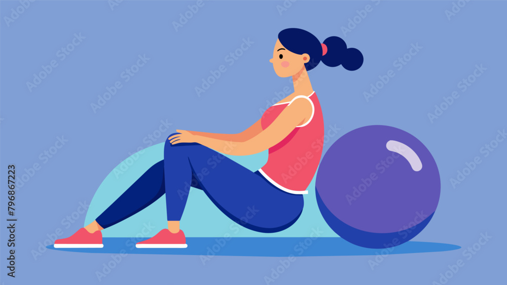 Poster a person sitting on a stability ball performing the roll up pilates exercise to improve core stabili