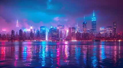 A vibrant city skyline illuminated by colorful lights at night, showcasing the energy and vibrancy of urban life in a metropolis.