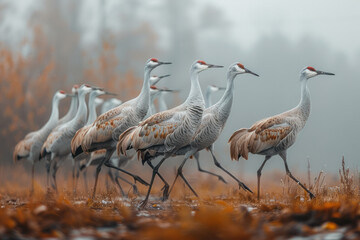 A group of sandhill cranes dancing in a field, their courtship rituals elegant and complex,