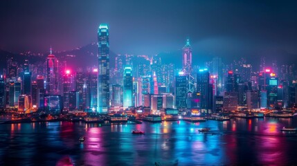 Fototapeta premium A vibrant city skyline illuminated by colorful lights at night, showcasing the energy and vibrancy of urban life in a metropolis.