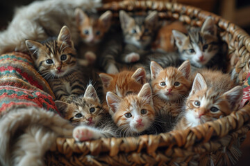 A group of kittens tumbling playfully in a basket, their antics a whirl of energy and fluff,