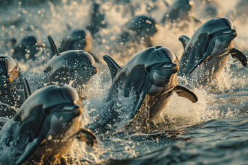 A group of dolphins herding fish into tight balls, cooperating to make their hunting more efficient,