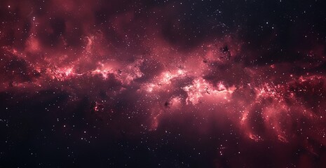 Majestic red nebula with clusters of stars against backdrop of dark cosmos. Radiant dynamic illustration for educational materials, magical backgrounds and digital art