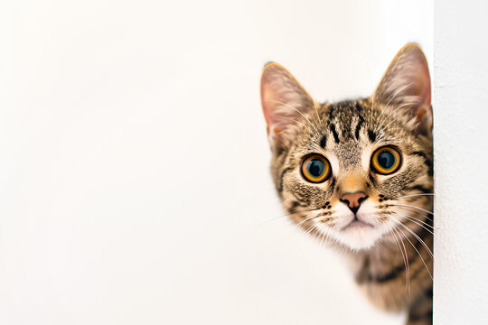 Tabby cat peeking from a corner