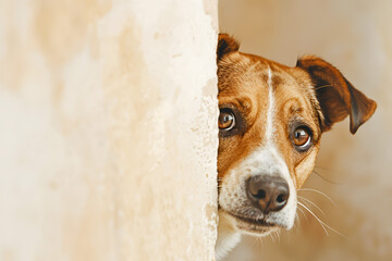 Curious dog peeking from a corner, pastel pink background