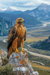 A golden eagle perched regally on a high cliff, surveying the lands below,