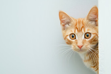 Ginger curious cat peeking from a corner, light background