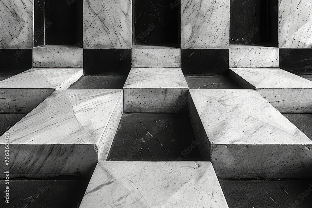 Poster a geometric design of alternating black and white parallelograms, creating a three-dimensional illus