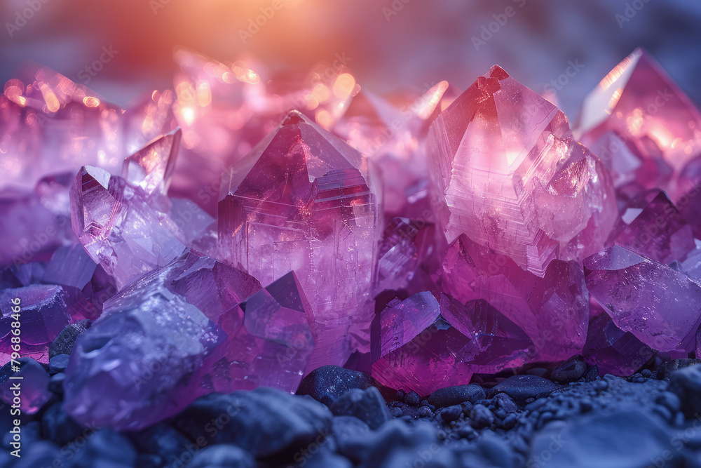 Poster a gemstone gradient from amethyst to quartz with a faceted texture, reflecting light and color intri