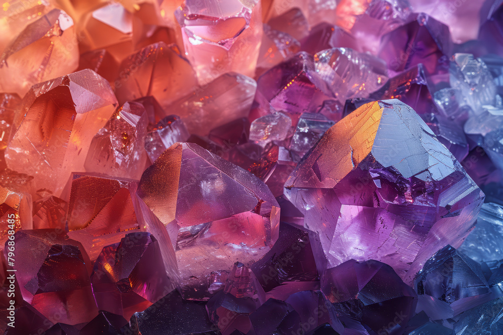 Poster a gemstone gradient from amethyst to quartz with a faceted texture, reflecting light and color intri