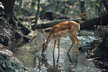 A gazelle sipping from a creek, alert and ready to spring away at the slightest sound, - obrazy, fototapety, plakaty