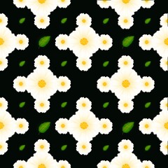 Seamless pattern of a group of 5 white flowers which surrounded by green leaves on black background.