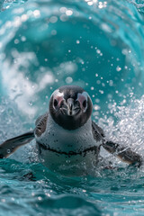 A Galapagos Penguin darting through the cool waters, the only penguin species north of the equator, - obrazy, fototapety, plakaty