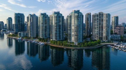 An aerial view of a waterfront city skyline with sleek high-rise buildings reflecting in the calm waters below, creating a picturesque scene.