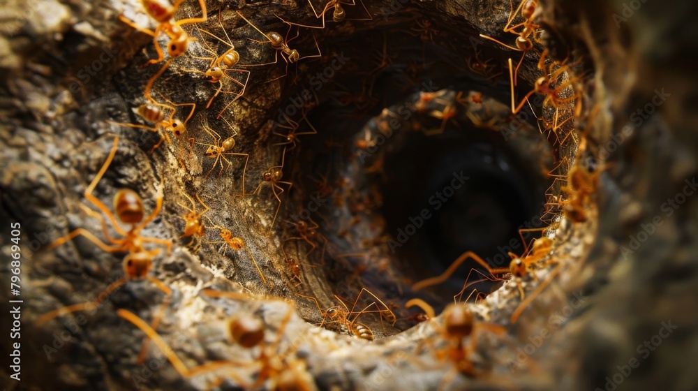 Poster An ant colony emerging from a network of intricate tunnels in the soil, illustrating the hidden world beneath our feet.
