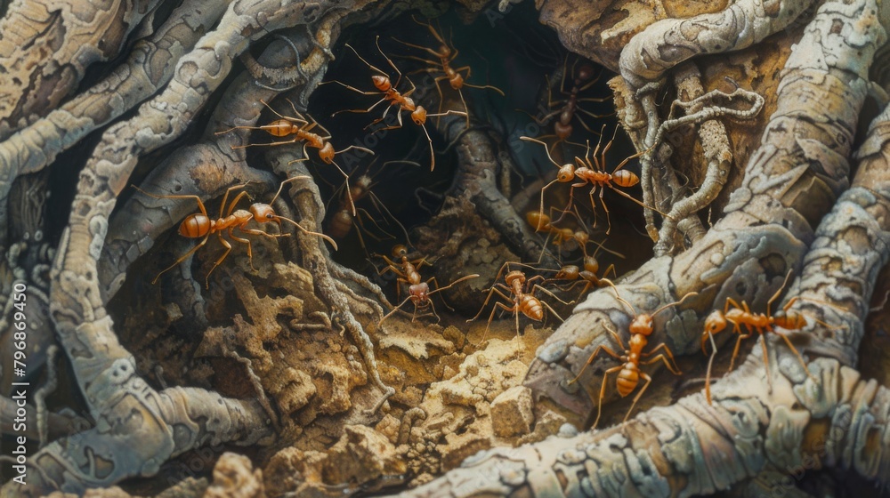 Aufkleber an ant colony emerging from a network of intricate tunnels in the soil, illustrating the hidden worl