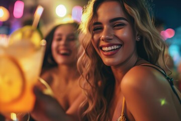 Carefree young woman with drink dancing by female friend enjoying at nightclub carefree laughing smile. - Powered by Adobe