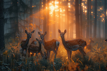 A family of deer grazing in a misty forest clearing at dawn, their breath visible in the cool air,