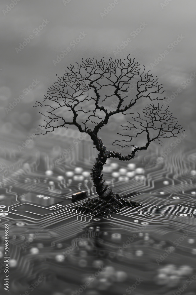 Poster a digital tree growing from a microchip, its branches sprawling out in complex wire patterns,