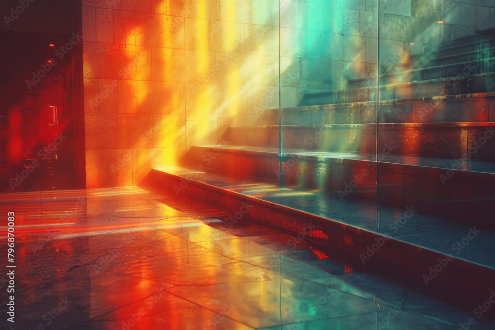 Aufkleber a design with radiant beams of color shooting out from one corner, creating a sense of motion and en