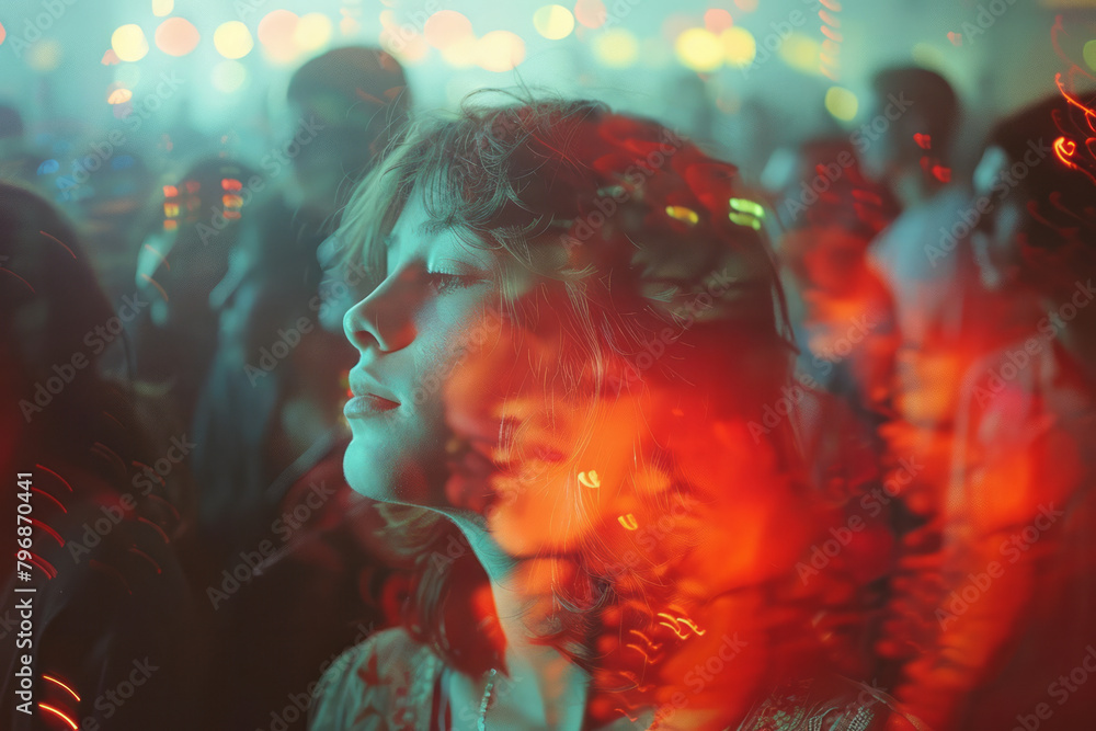 Poster a concert crowd scene with a pulse of audio glitch distorting the crowd into rhythmic waves,