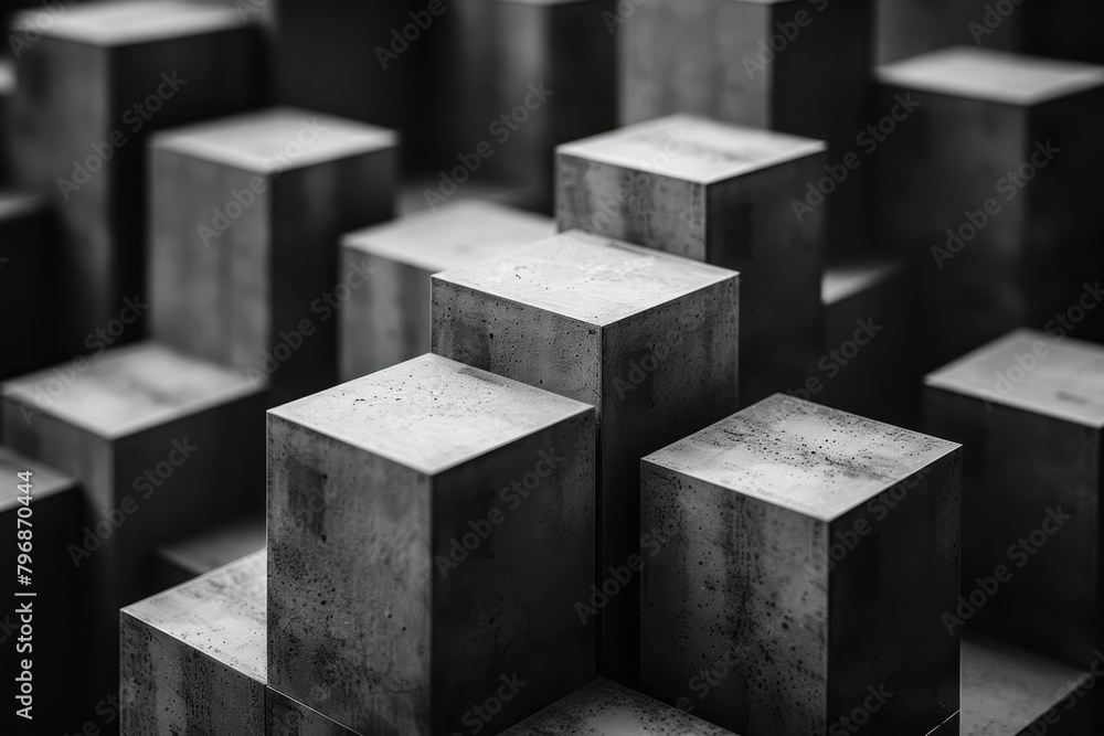 Poster a composition of white geometric shapes strategically placed on a black background to form an abstra