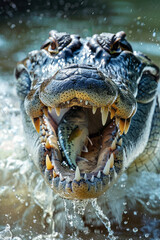 Fototapeta premium A crocodile snapping its jaws on a fish, water splashing around its massive head,