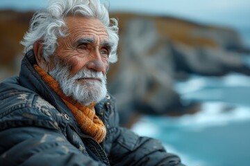 A senior man with white hair and beard gazes thoughtfully at the sea, with cliffs in the background