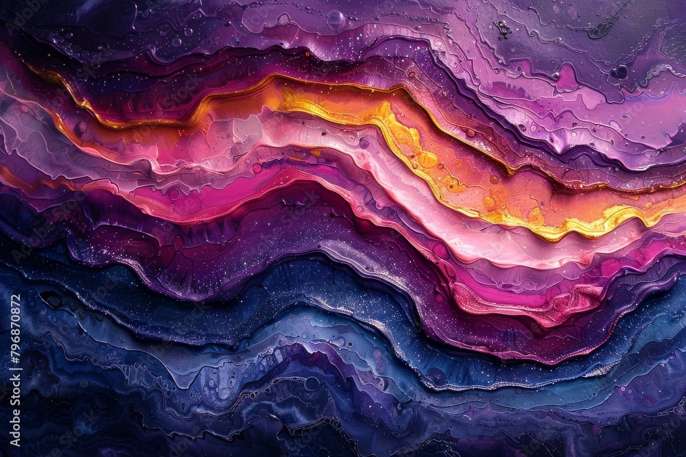 Poster an exquisite image emulating geode patterns with lustrous purples and oranges blending perfectly