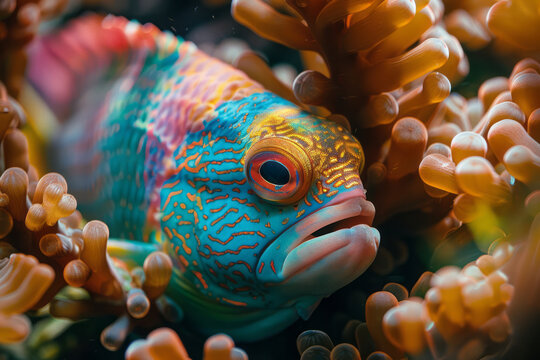 A colorful parrotfish sleeping in its protective cocoon of mucus, hidden among coral branches,