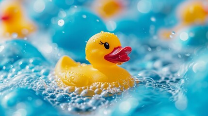 A closeup of a colorful rubber ducky floating in a vibrant blue bubble bath, symbolizing playful bath times