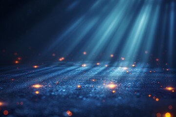 This image captures an intricate dance of blue and red lights against a dark backdrop with a shimmering effect