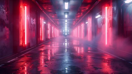 Gritty cyberpunk garage scene with neon lights and realistic 3D rendering. Concept Cyberpunk Aesthetics, Neon Lighting, Garage Theme, 3D Rendering, Gritty Atmosphere