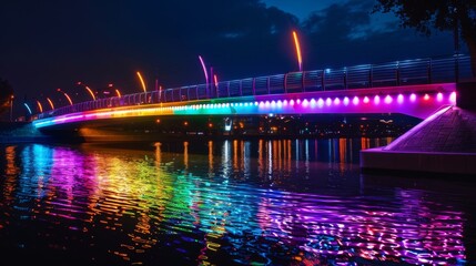 Obraz premium An illuminated bridge at night, with colorful lights reflected in the shimmering water below