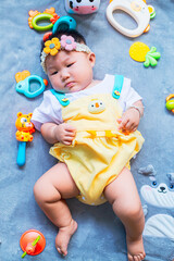 Baby in cute outfit with toys,Little girl 3-6 months old in cute outfits 