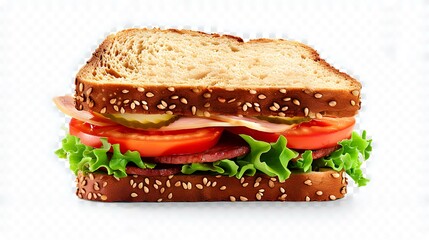 Sandwich with ham, tomato, and lettuce on a white background.