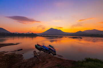 Mekong river and mountain scenery in the morning,Kaeng Khut couple scenery, Chiang Khan, Thailand