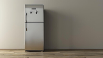 A rendering of a stainless steel refrigerator in an empty room. The refrigerator has two doors and is located in the center of the image.